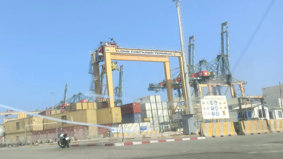 Gantry cranes and containers at the Lomé container terminal, Togo