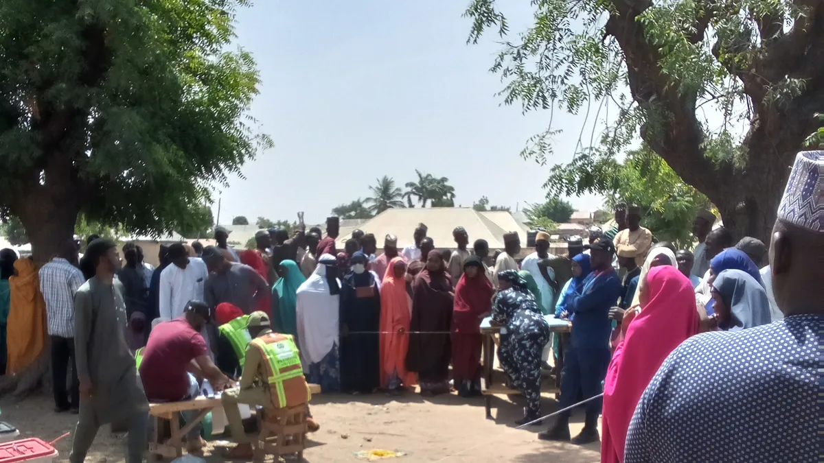 Voters queue to cast their ballots at Pantami, Gombe, during Nigeria's 2023 presidential election