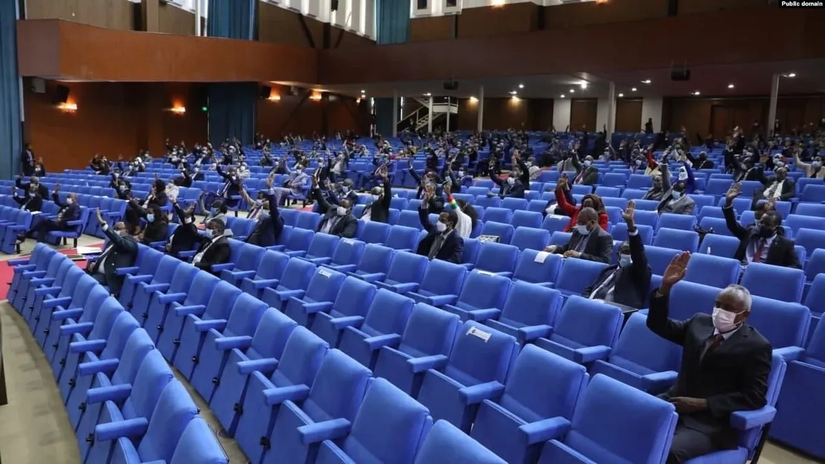 Des députés de la Chambre des représentants des peuples d'Éthiopie lèvent la main lors d'un vote, entre des rangées de sièges bleus vides, en 2021