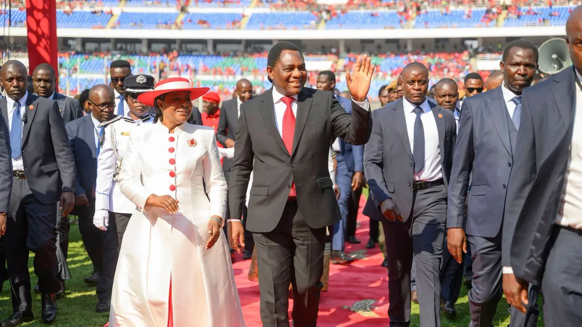 Hakainde Hichilema waves to the crowd at his second inauguration in Lusaka, 1 September 2026