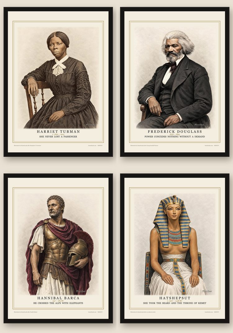 Framed KemetLeads engravings of Harriet Tubman, Frederick Douglass, Hannibal Barca and Hatshepsut